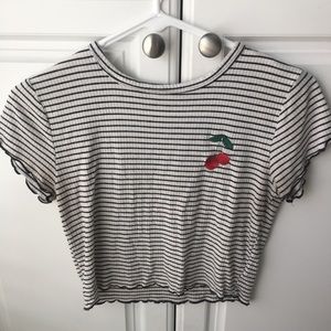 Striped Crop Top with Lettuce Detailed Sleeve